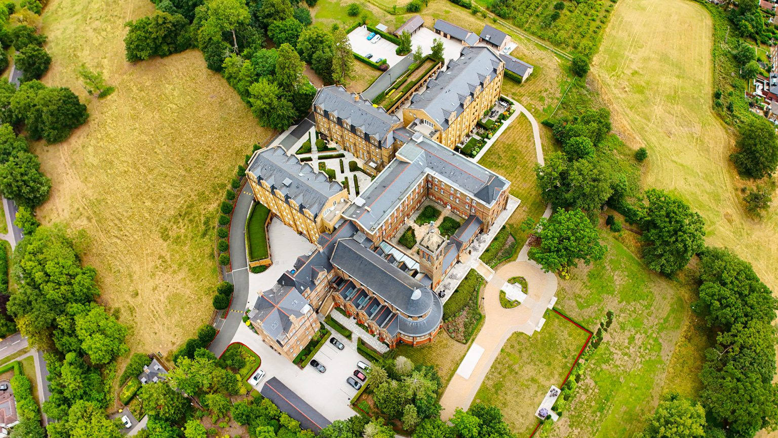 Professional drone roof inspection aerial view North London