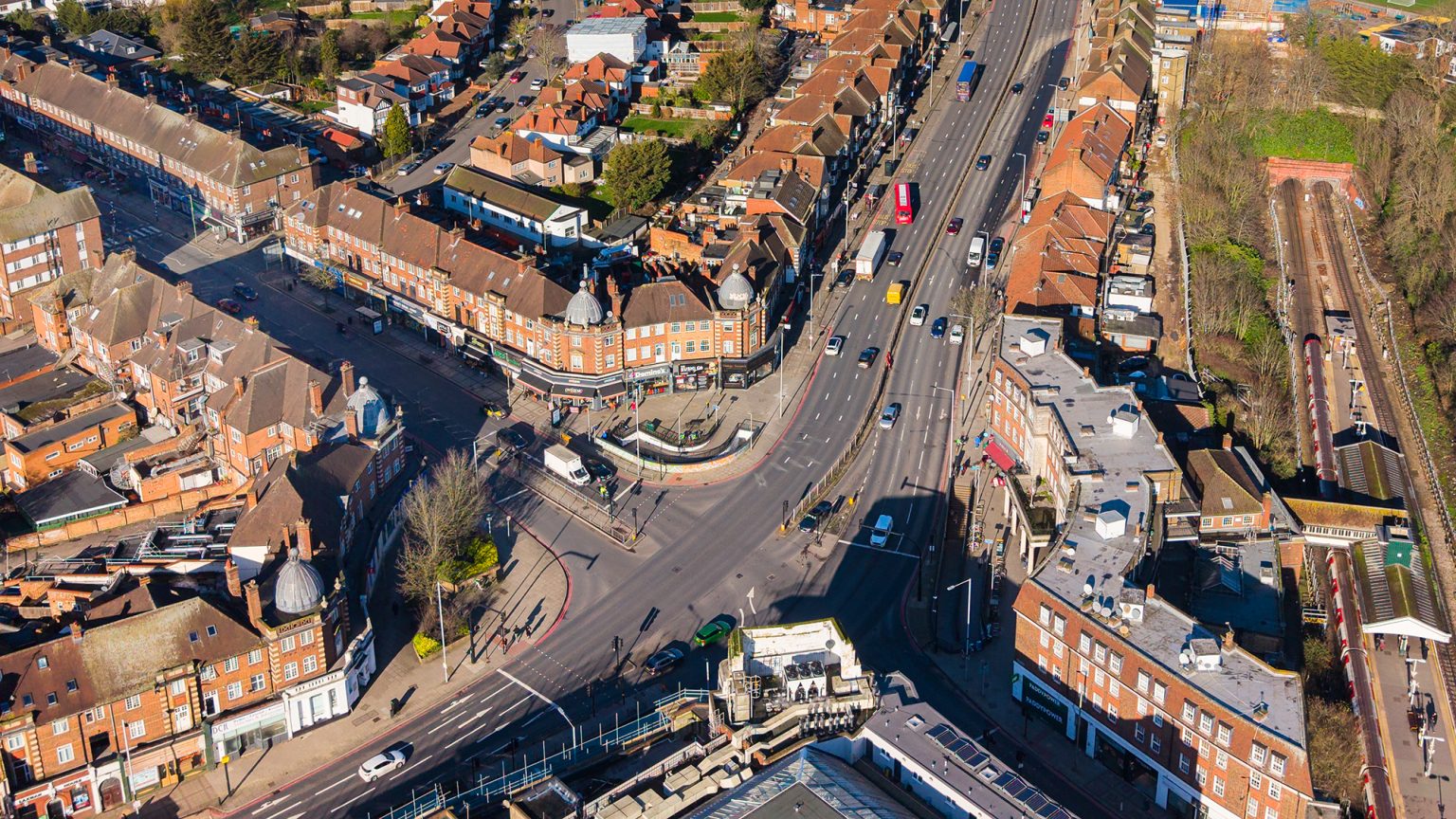 Drone aerial photograph of residential rooftop in North London