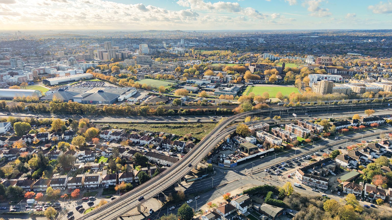 Aerial drone photography showing roof condition survey North London