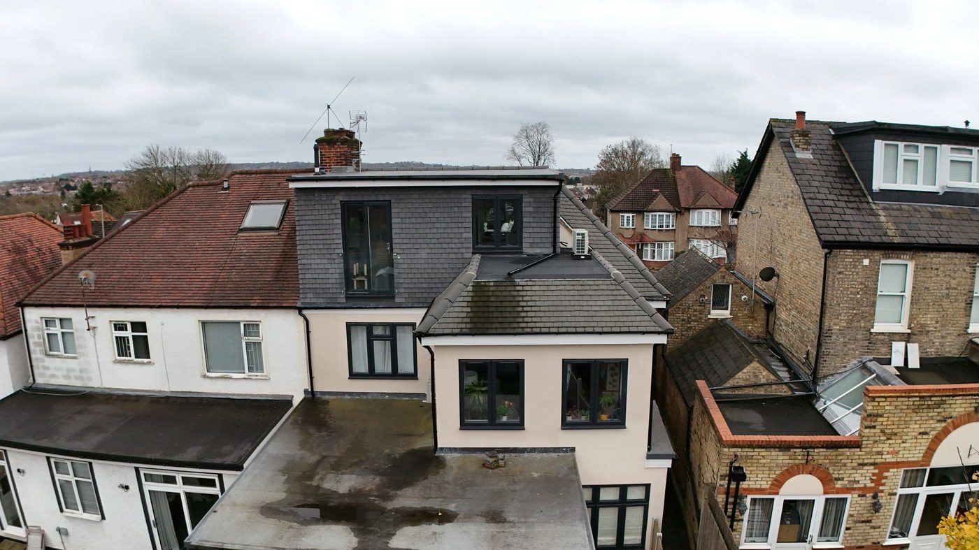 Drone survey — oblique view capturing dormer and ridge detail