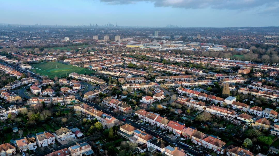 Aerial view of a residential property and surrounding neighbourhood in North London